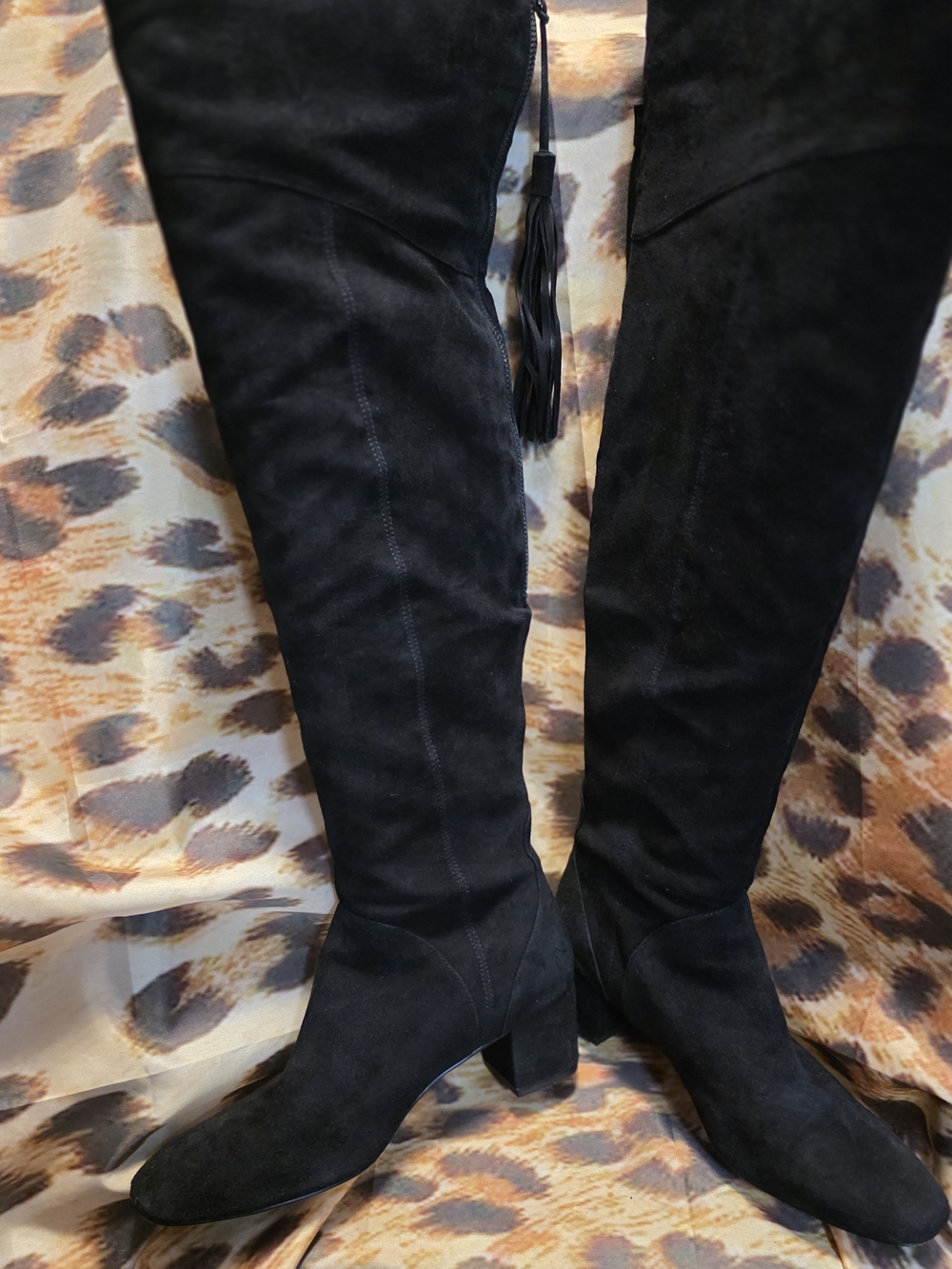 Nine West ANILLA Black Real Suede Over-the-Knee Tassel Block Heel Boots-Size 7.5
